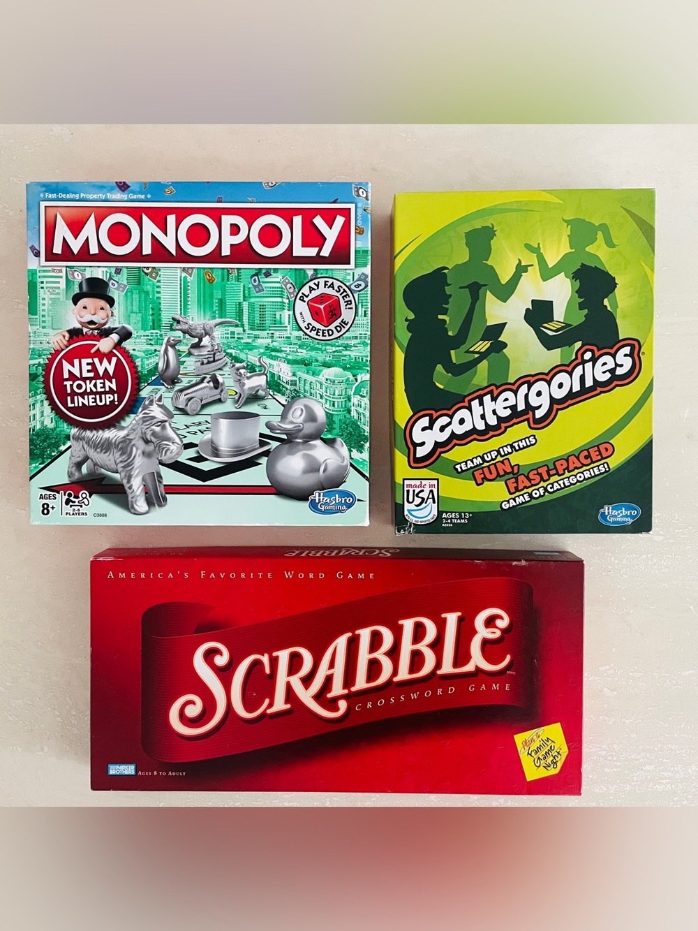 Lot of 3 Family Kids Teen Board Games Monopoly Scattergories Scrabble